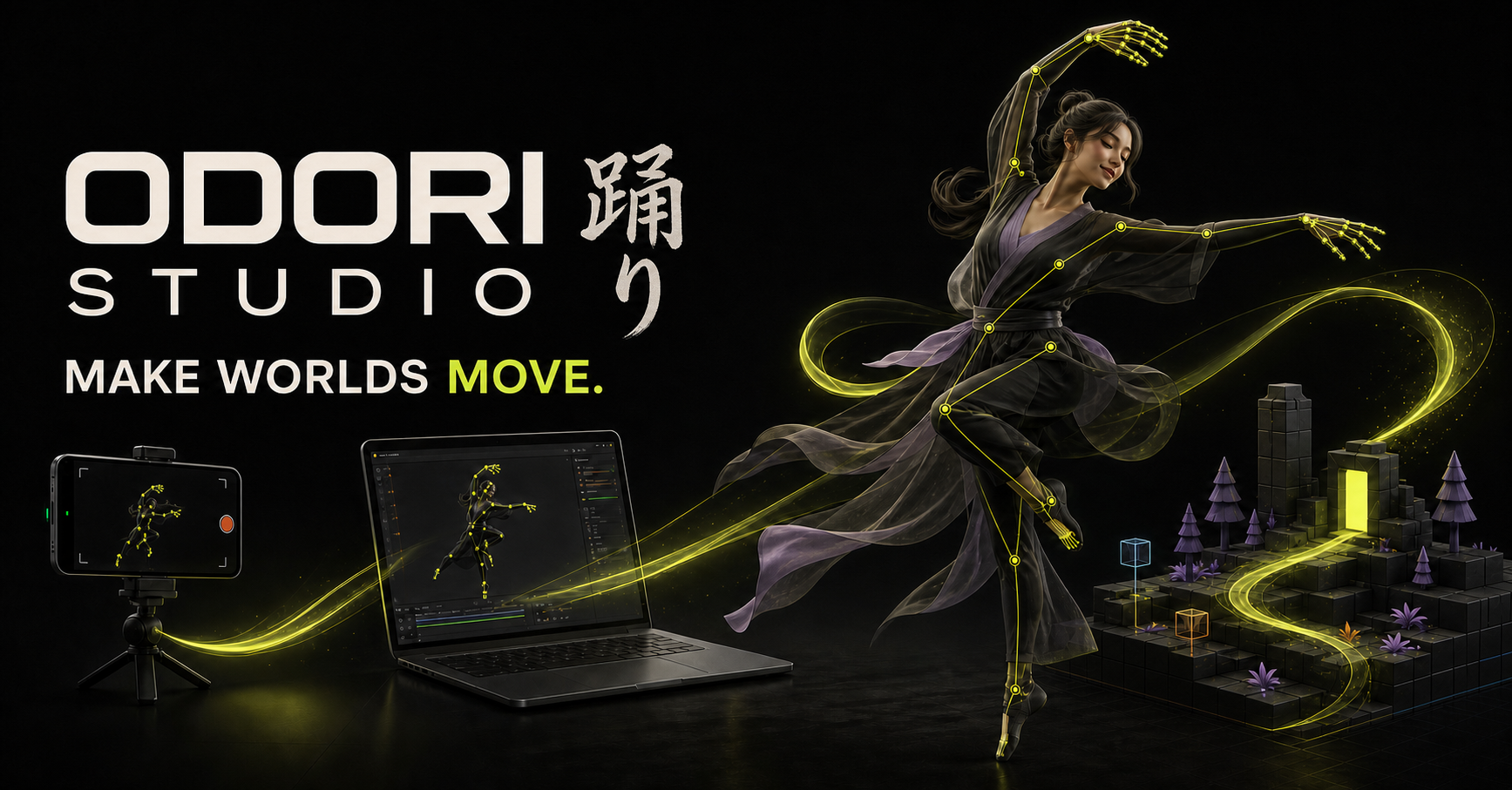 Feminine Odori Studio campaign artwork with an artistic dancer, hand-bone tracking, and Japanese dance calligraphy