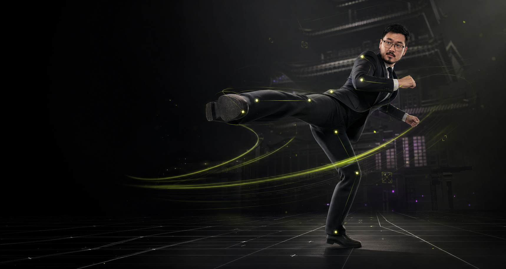 William's suited SuitMan character performing a kung fu kick with Odori motion tracking